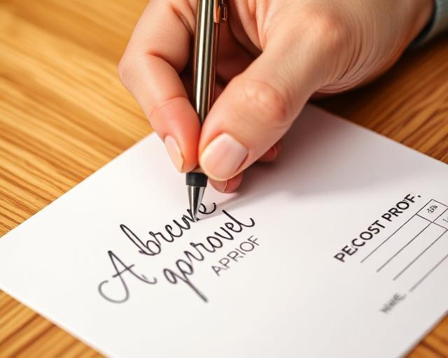 Hand signing approval on postcard proof