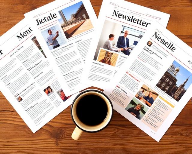 Printed monthly newsletter spread on table