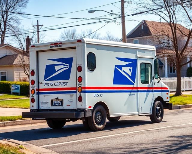 USPS mail truck delivering on suburban street