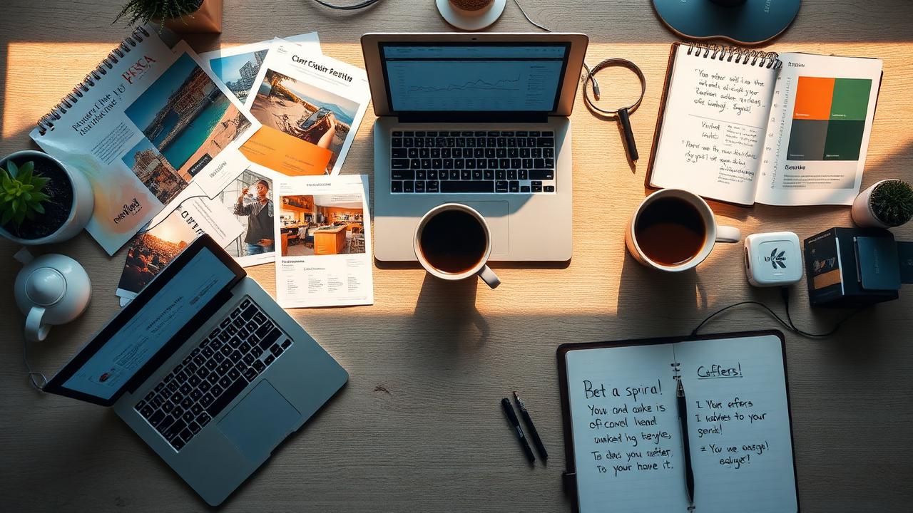 OfferReach studio desk with postcards, notebooks, and analytics